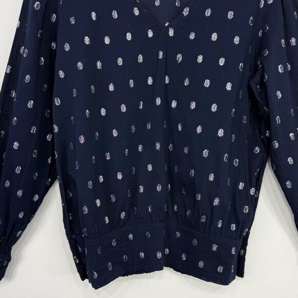 Ann Taylor Factory Navy Blue Silver Metallic Polka Dot Lightweight V Neck Blouse - Picture 4 of 15